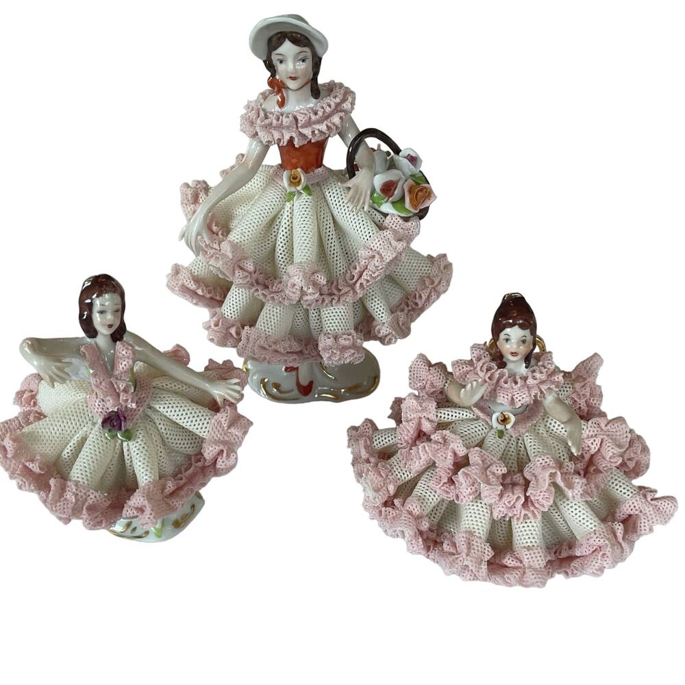 3 Vintage German Dresden Porcelain Lace Figurines